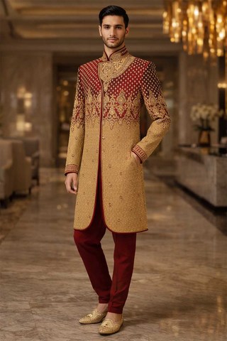 Costume indo occidental brodé beige et bordeaux