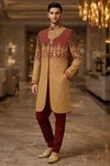 Mens Beige Maroon Indo Western 2 Pc Embroidered Groom Wedding Outfit Set