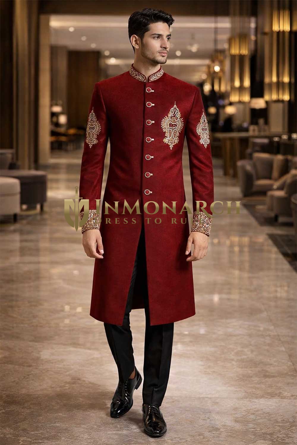 Mens Red Velvet Indo Western 2 Pc Embroidered Groom Wedding Outfit Set