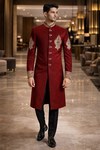 Mens Red Velvet Indo Western 2 Pc Embroidered Groom Wedding Outfit Set
