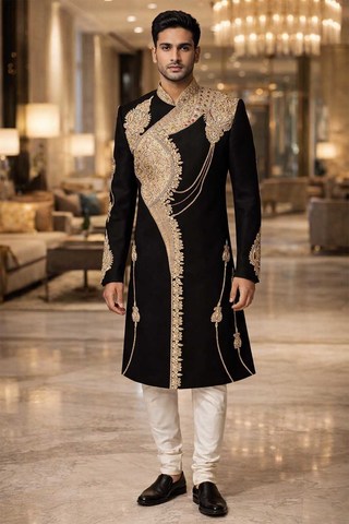 Mens Black Velvet Sherwani 2 Pc Embroidered Groom Wedding Designer Outfit