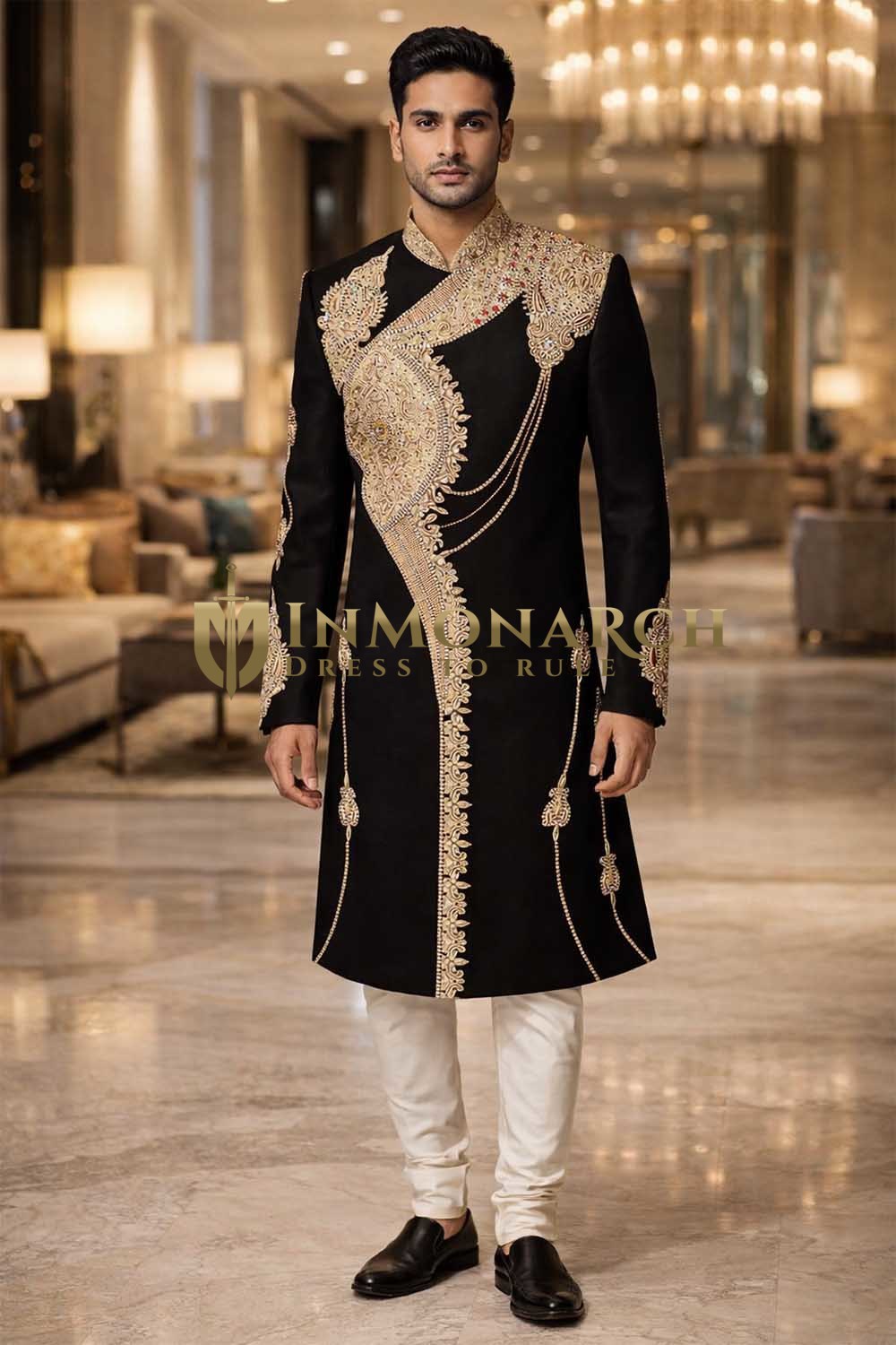 Mens Black Velvet Sherwani 2 Pc Embroidered Groom Wedding Designer Outfit