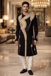 Mens Black Velvet Sherwani 2 Pc Embroidered Groom Wedding Designer Outfit