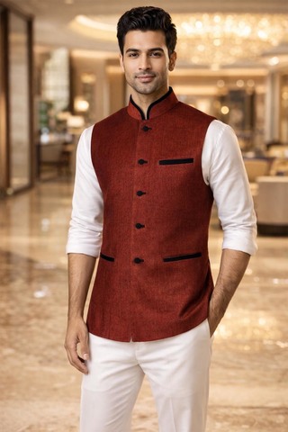 Herren Nehru Weste Rot Samt Elegant