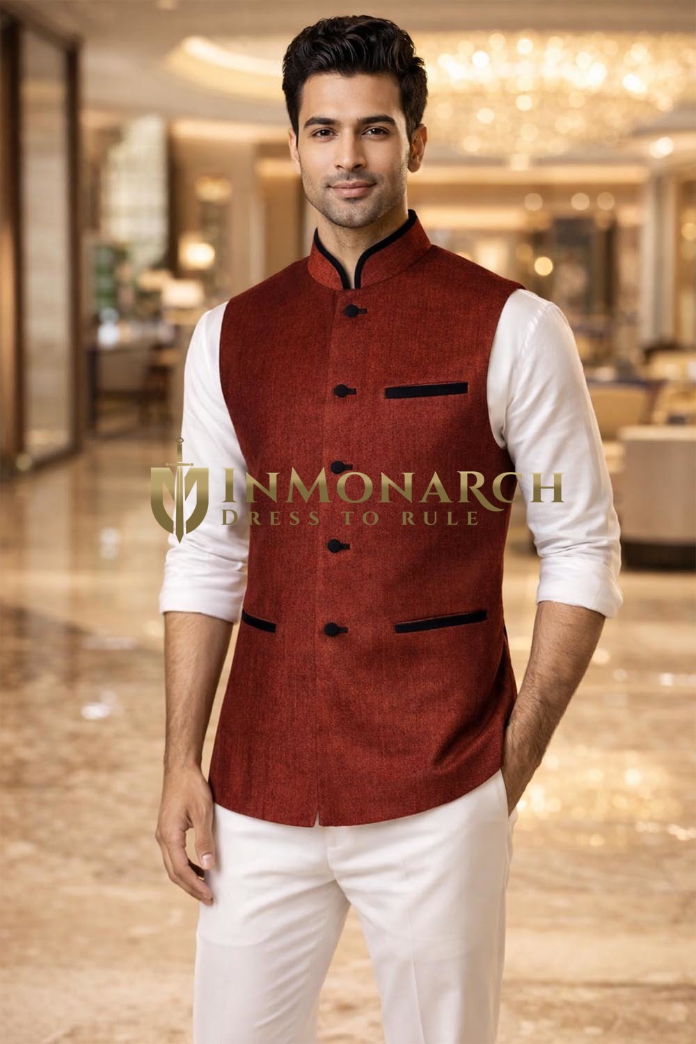 Mens Red Velvet Nehru Vest Designer Waistcoat Wedding Formal Outfit Wear Style