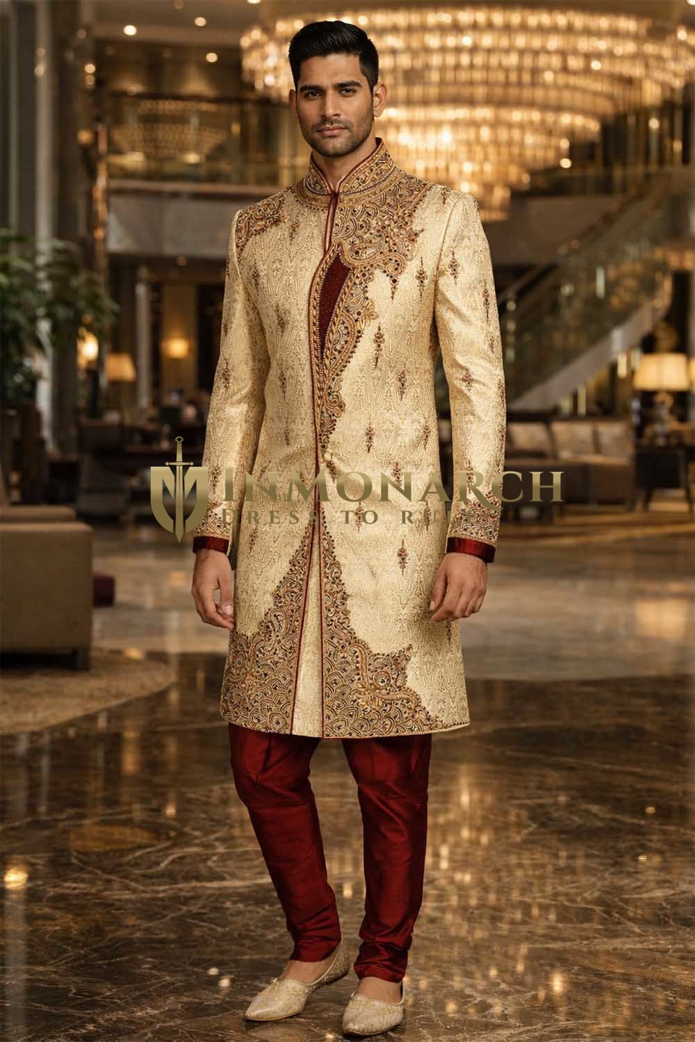 Mens Gold Indo Western 2 Pc Sherwani Groom Wedding Designer Embroidered Set