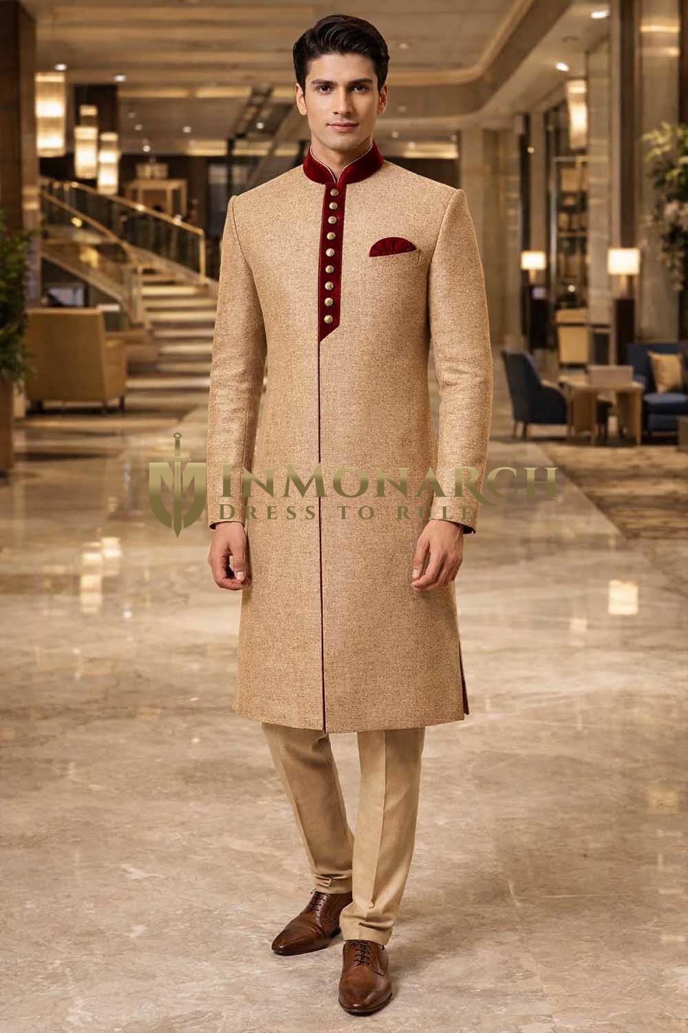 Indowestern Sherwani beige rot Herren