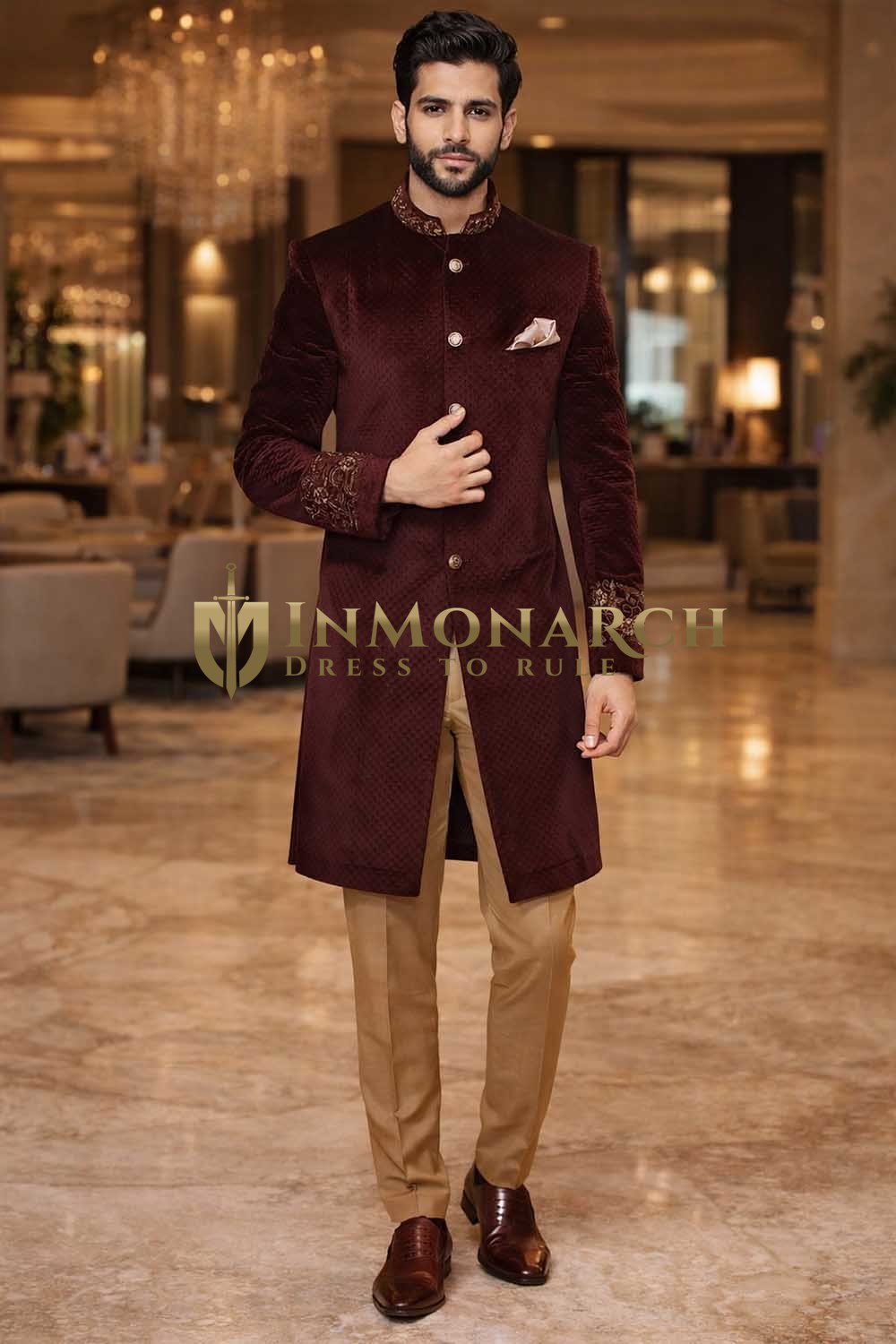 Mens Wine Indo Western 3 Pc Sherwani Groom Wedding Velvet Embroidered Set
