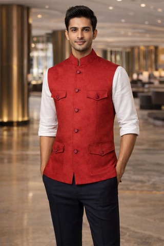 Chaleco Nehru Rojo Hombre Terciopelo