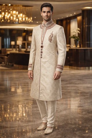 Costume indowestern crème brodé main