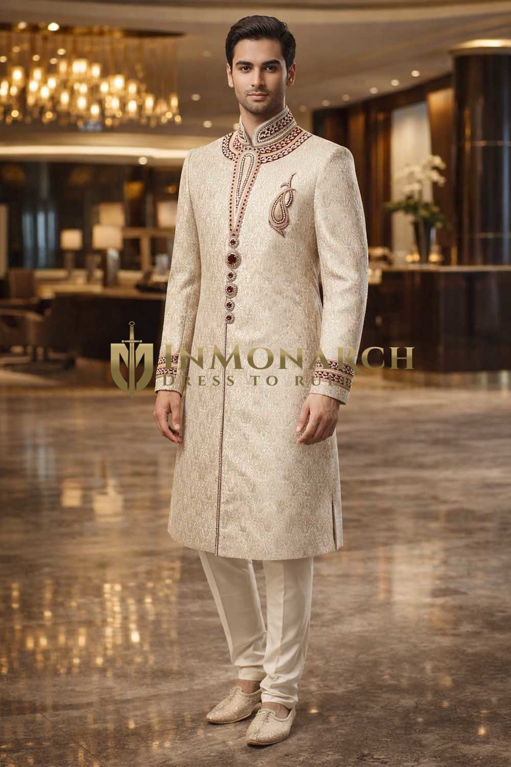 Mens Cream Indo Western 2 Pc Sherwani Groom Wedding Nehru Collar Outfit