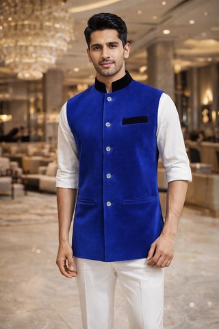 Herren Nehru Weste Blau Samt Elegant