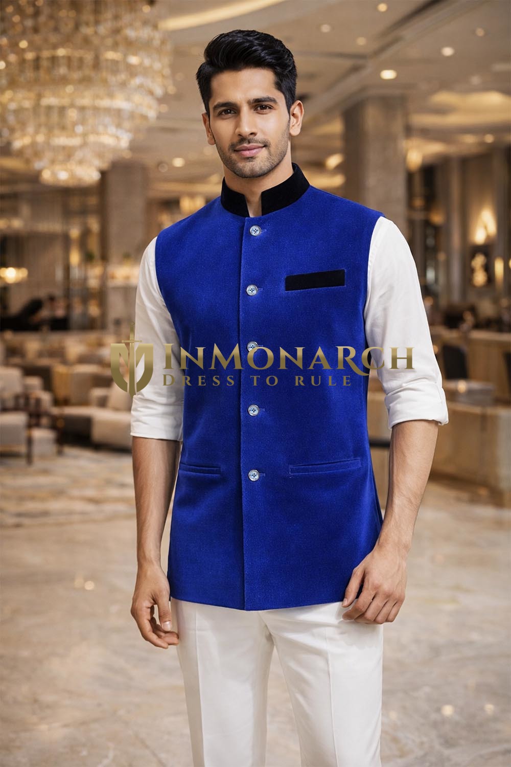 Mens Blue Velvet Nehru Vest Designer Waistcoat Wedding Formal Outfit
