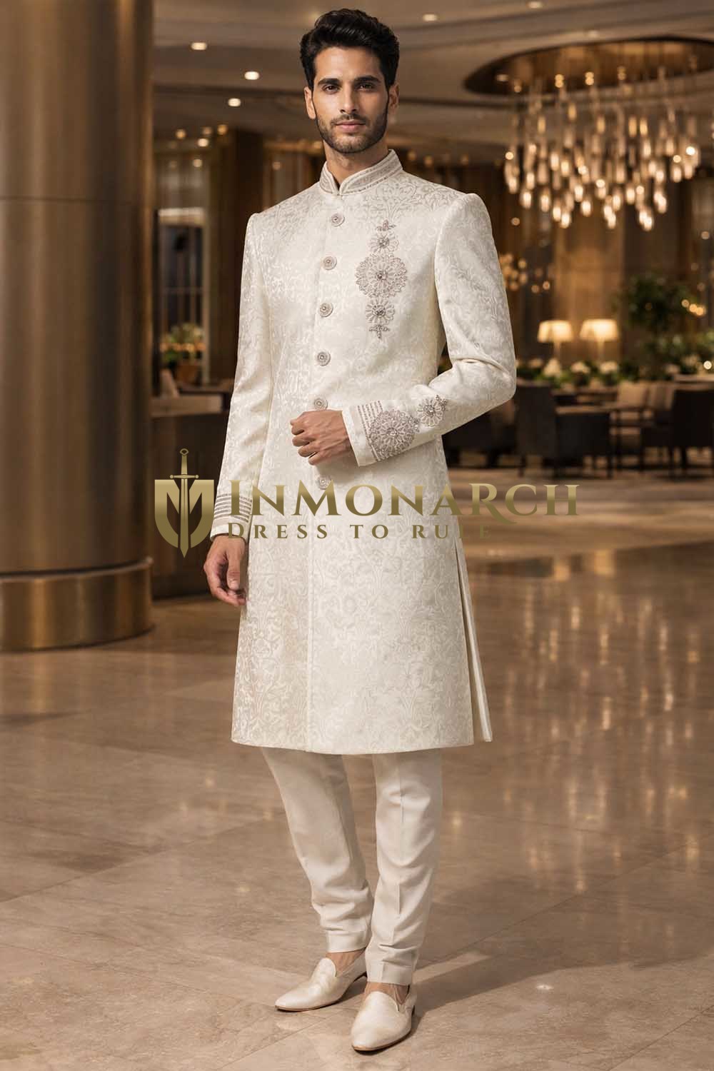 Costume indowestern crème brodé raffiné
