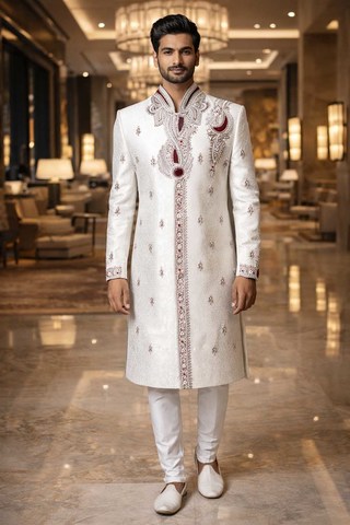 Costume indowestern blanc col haut brodé