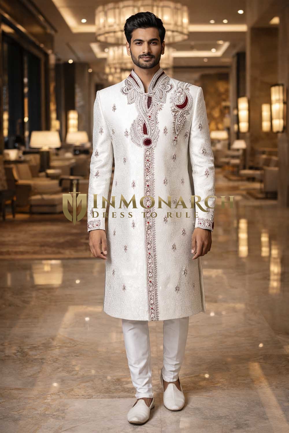 Mens White Indo Western 2 Pc Sherwani Groom Wedding Embroidered Set