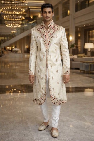 Costume indowestern ivoire avec velours rouge