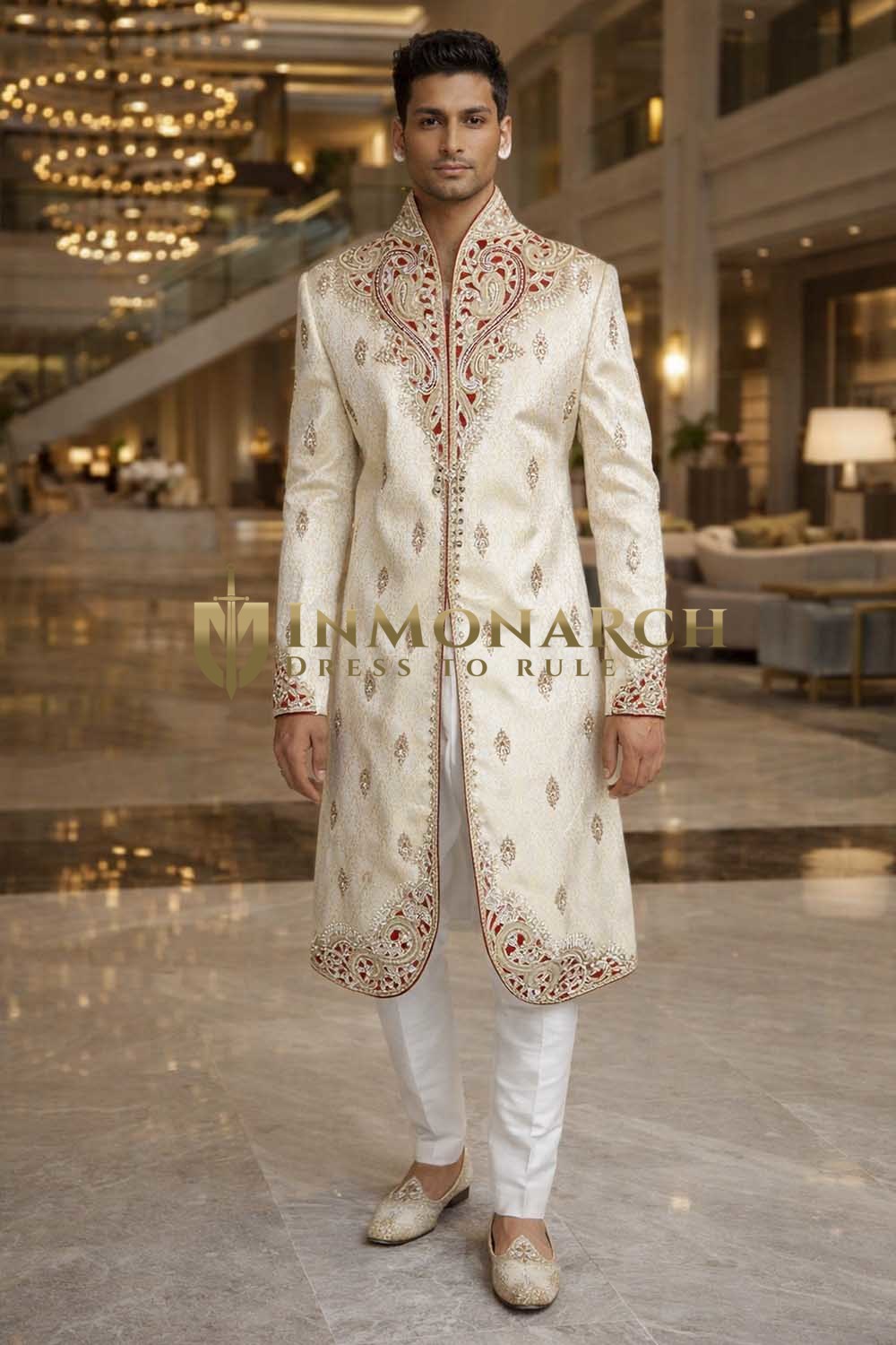 Mens Ivory Indo Western 2 Pc Sherwani Groom Wedding Red Embroidered Set
