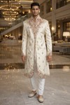 Mens Ivory Indo Western 2 Pc Sherwani Groom Wedding Red Embroidered Set