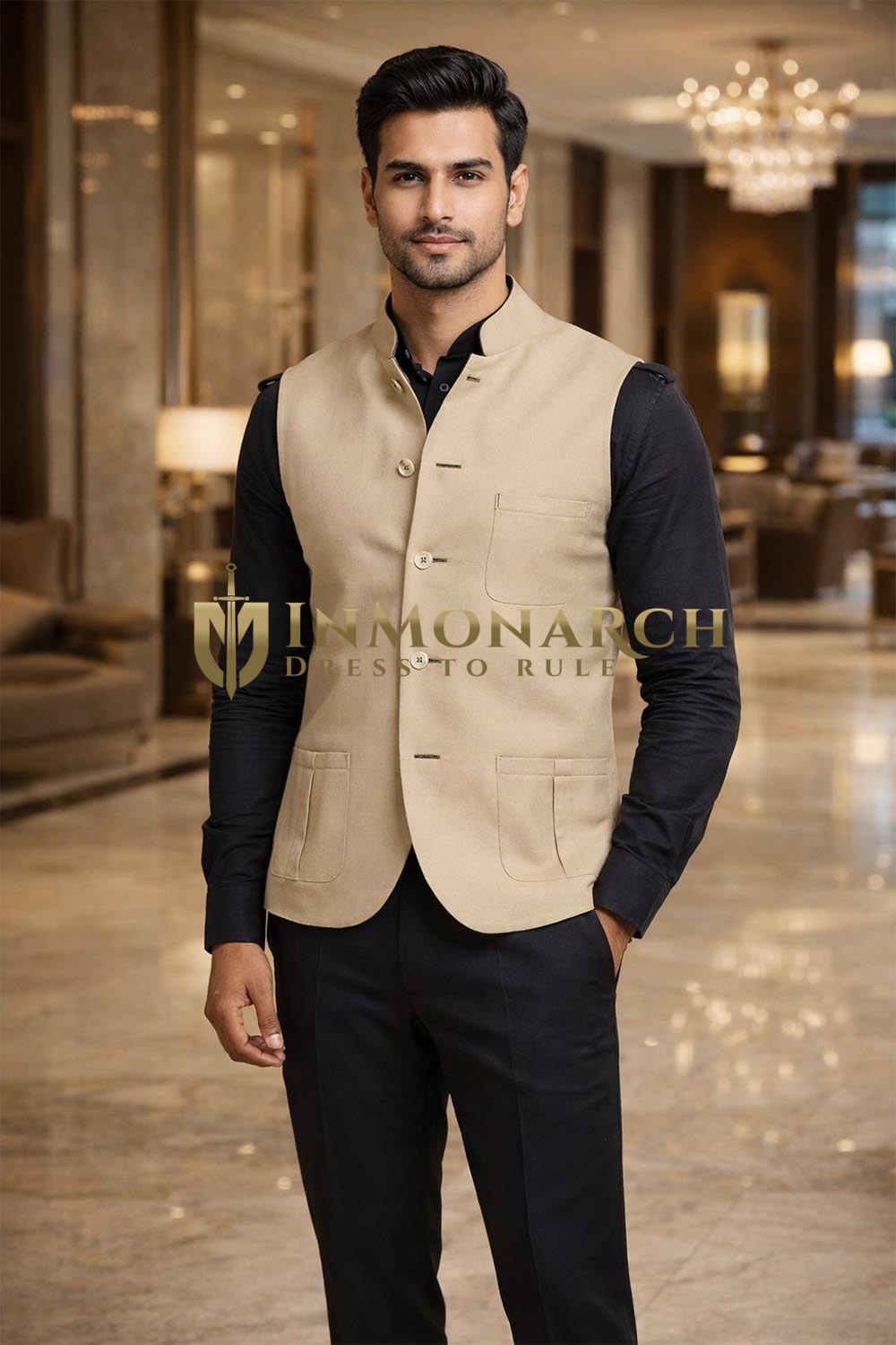Chaleco Nehru Beige Hombre Viscosa