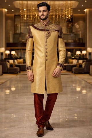 Costume indowestern beige brodé à la main