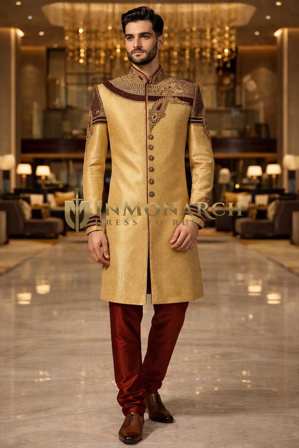 Mens Beige Indo Western 2 Pc Sherwani Groom Wedding Red Churidar Outfit