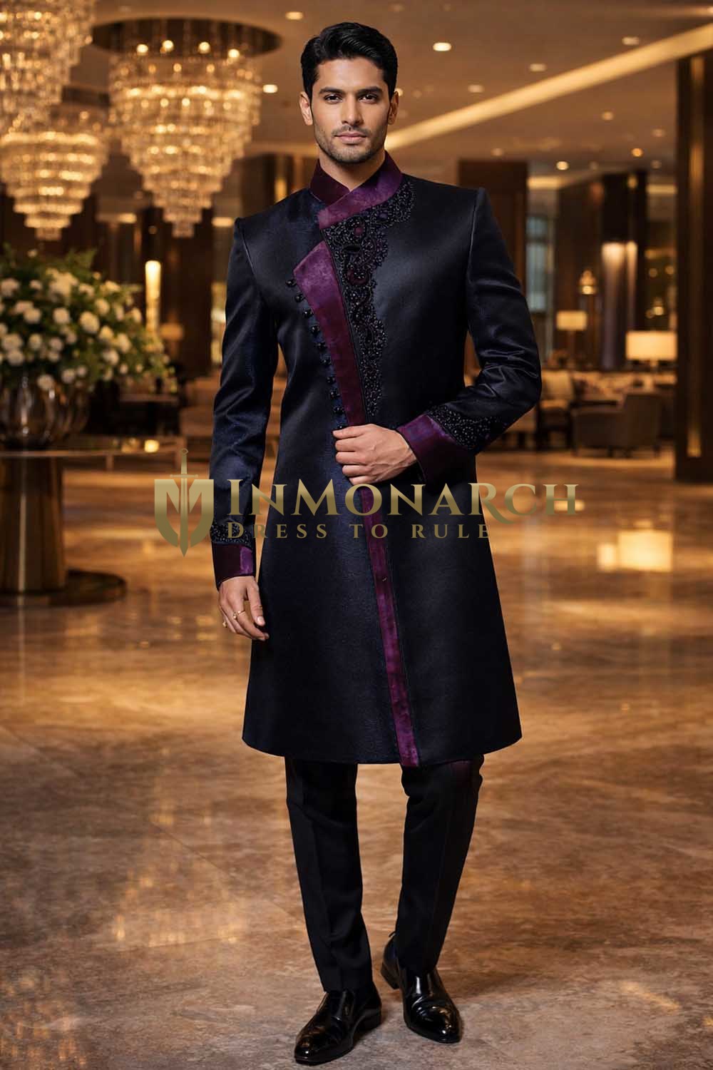 Mens Black Indo Western 2 Pc Angrakha Style Groom Wedding Designer Outfit