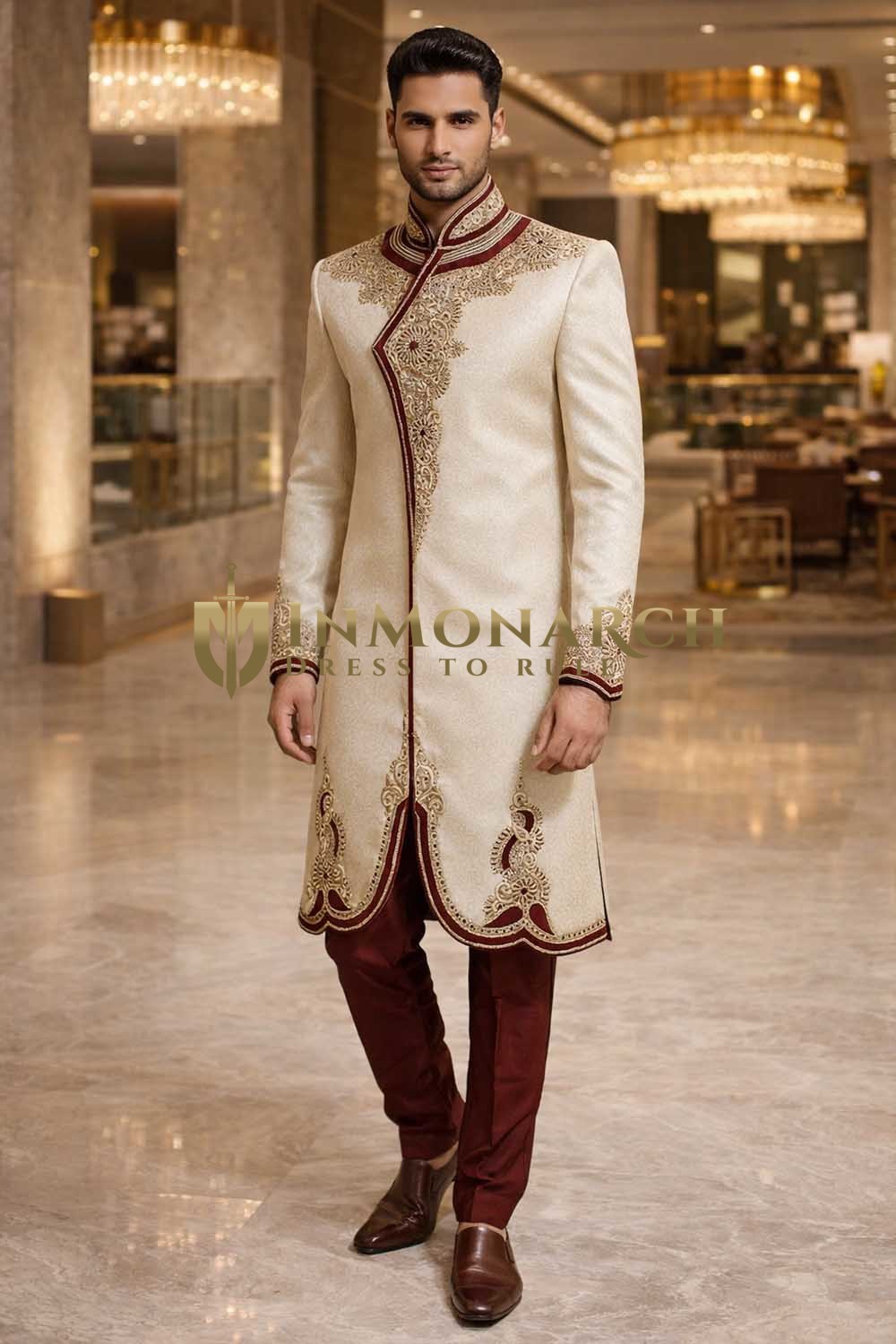 Mens Cream Indo Western 2 Pc Angrakha Style Groom Wedding Churidar Set