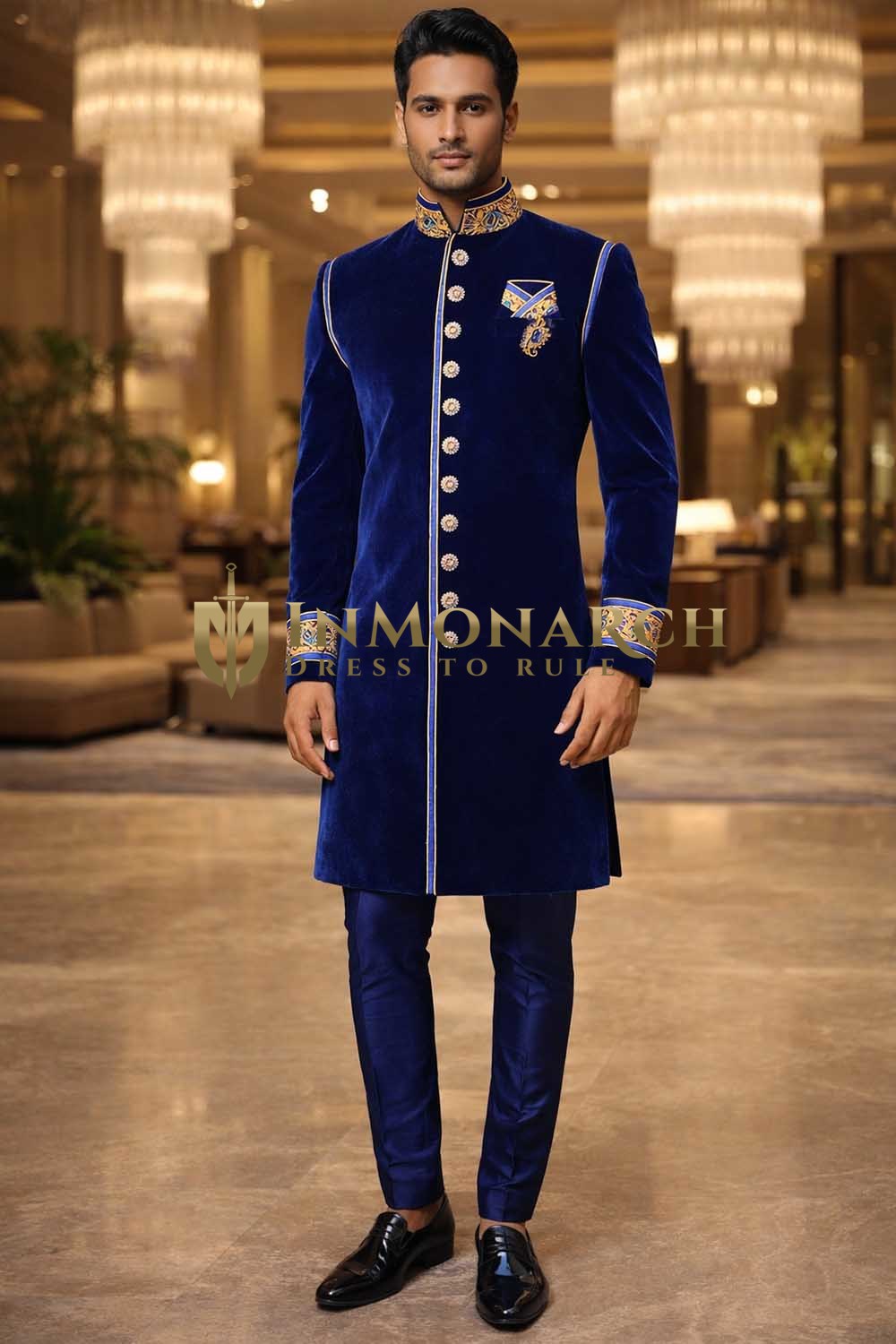 Sherwani indowestern azul terciopelo 10 botones