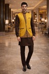 Mens Yellow Linen Nehru Vest Angrakha Style Wedding Ethnic Outfit Wear