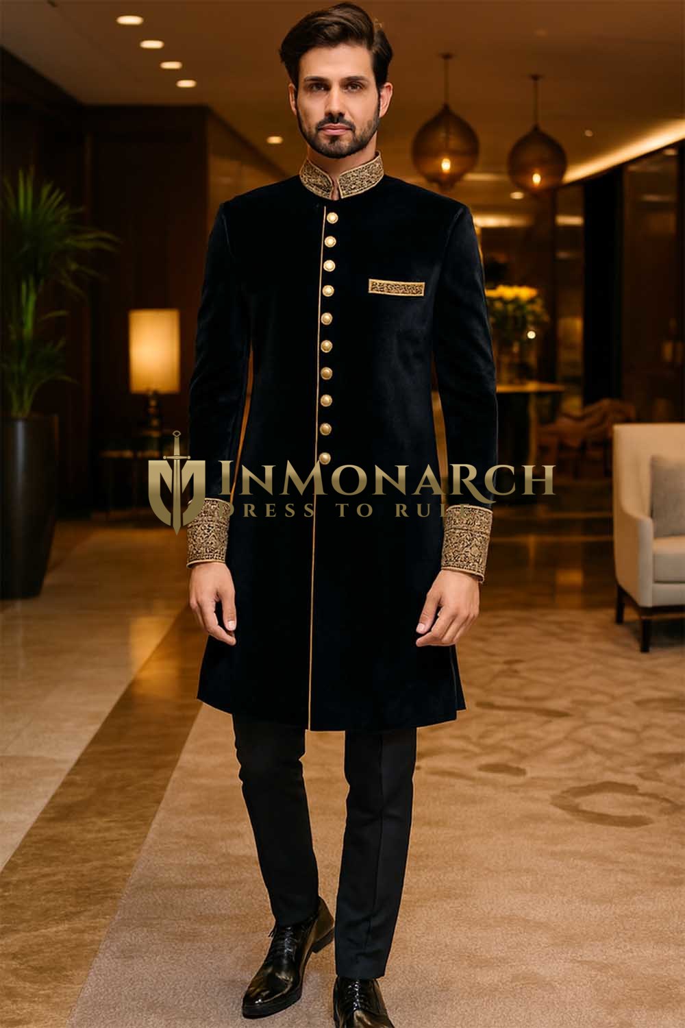 Mens Black Indo Western 2 Pc Sherwani Velvet Groom Wedding Churidar Set