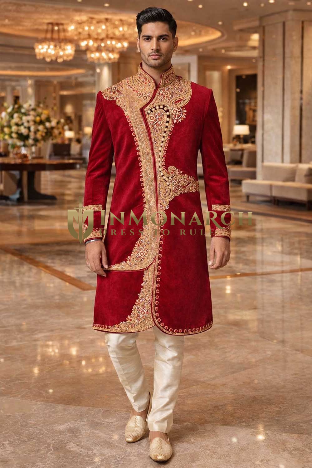 Sherwani indo western burdeos bordado