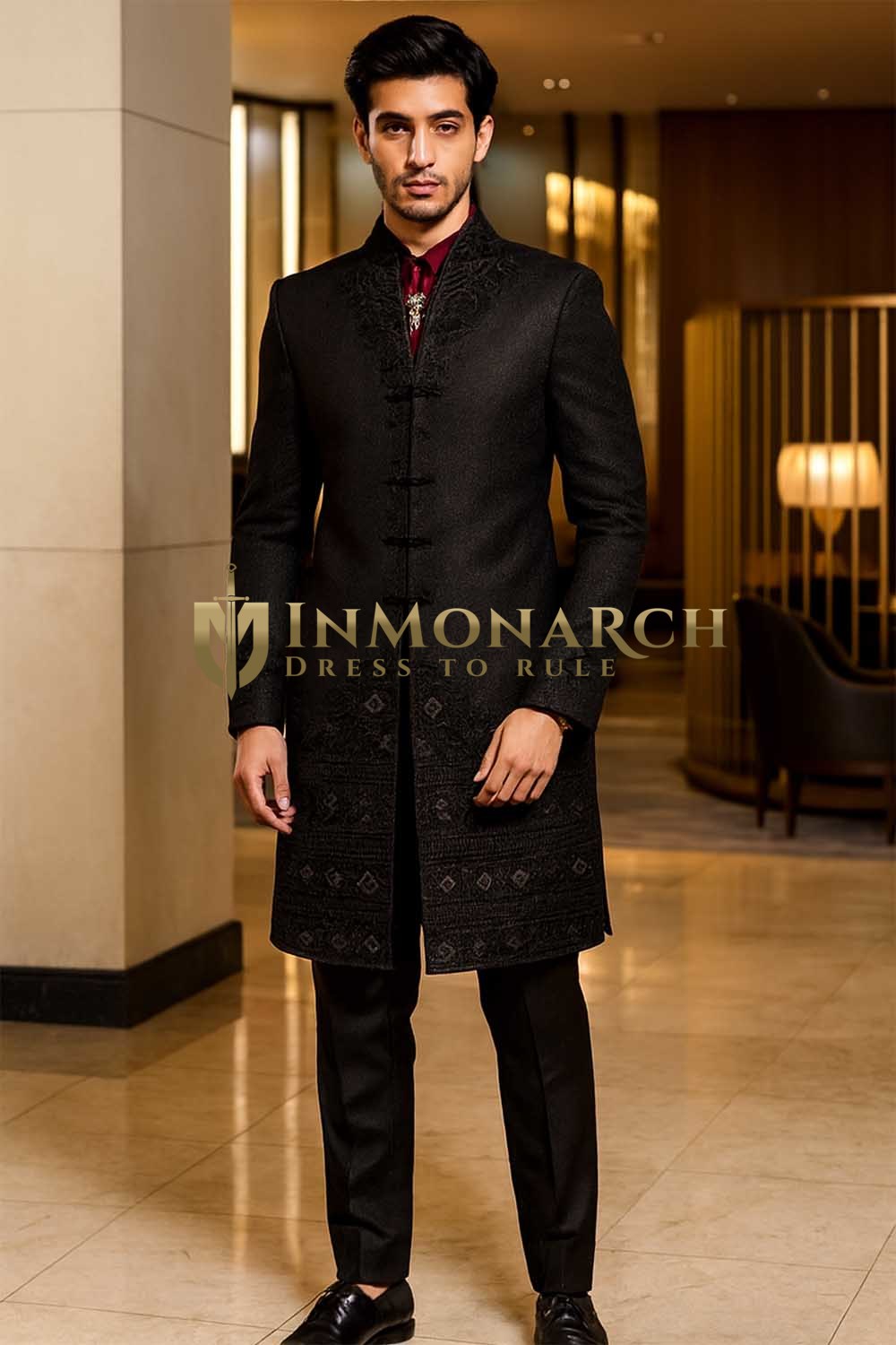 Mens Black Indo Western Outfit Groom Wedding Designer Fusion 4 Pc Suit Set Formal