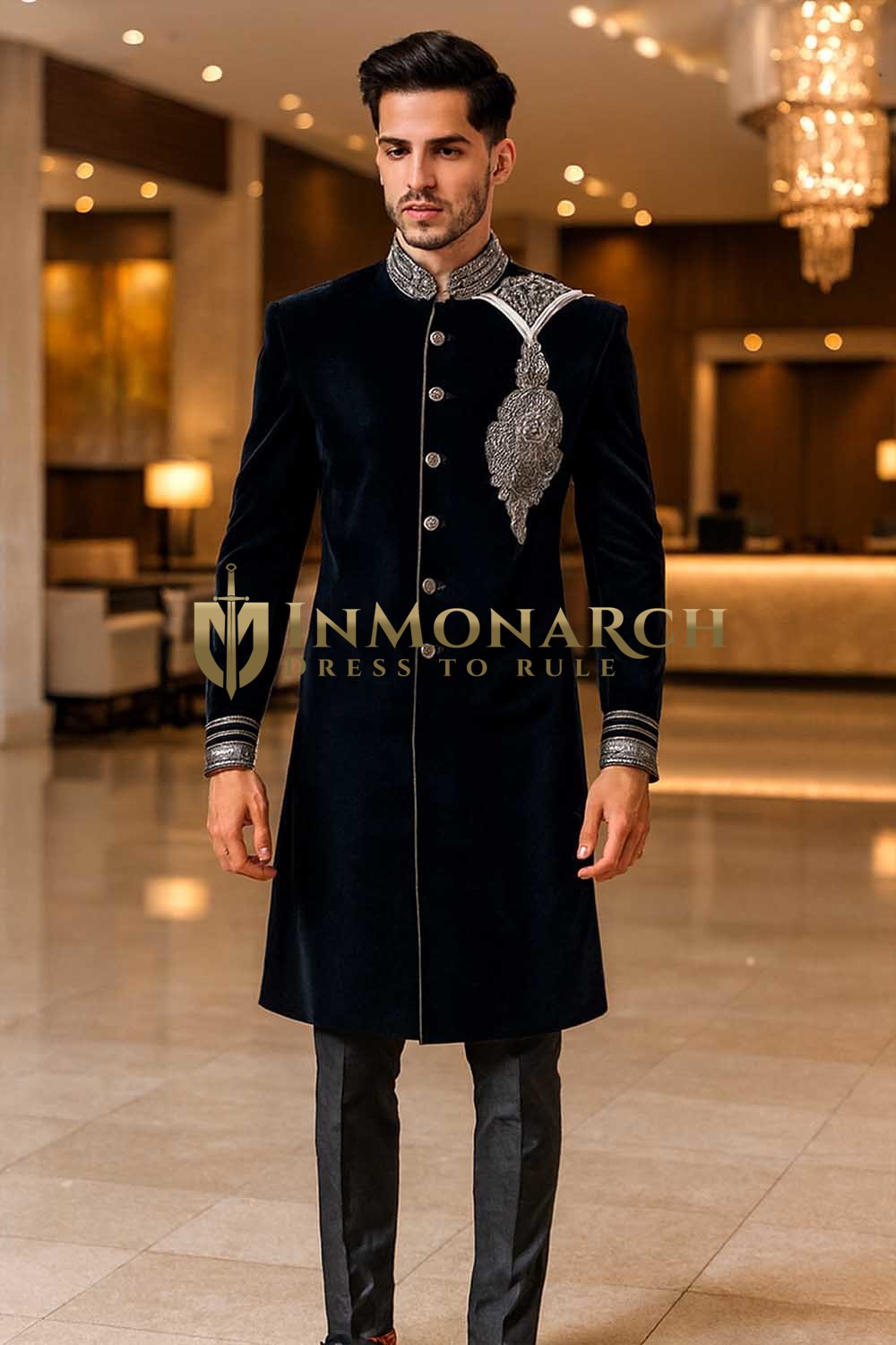Mens Black Velvet Indo Western Outfit Groom Wedding Designer 2 Pc Suit Set