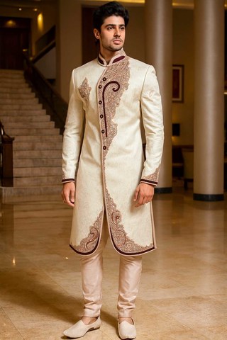 Mens Cream Indo Western Outfit Groom Wedding Designer 2 Pc Suit Set Formal