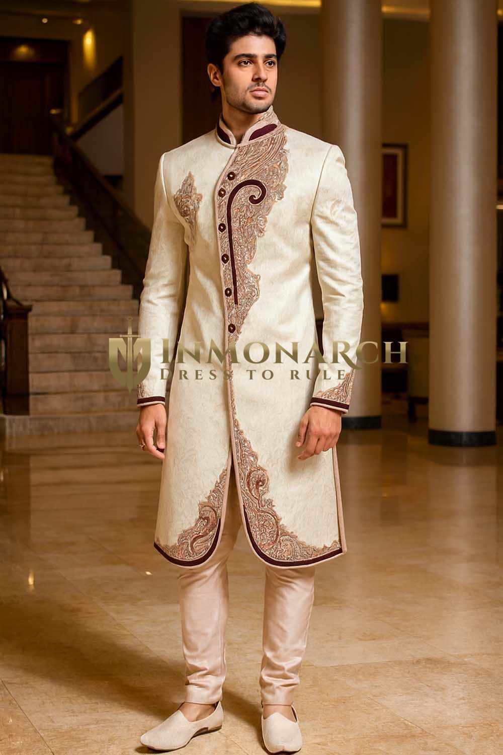 Mens Cream Indo Western Outfit Groom Wedding Designer 2 Pc Suit Set Formal