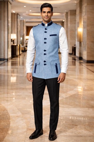 Nehru-Weste Safari Leinen Himmelblau
