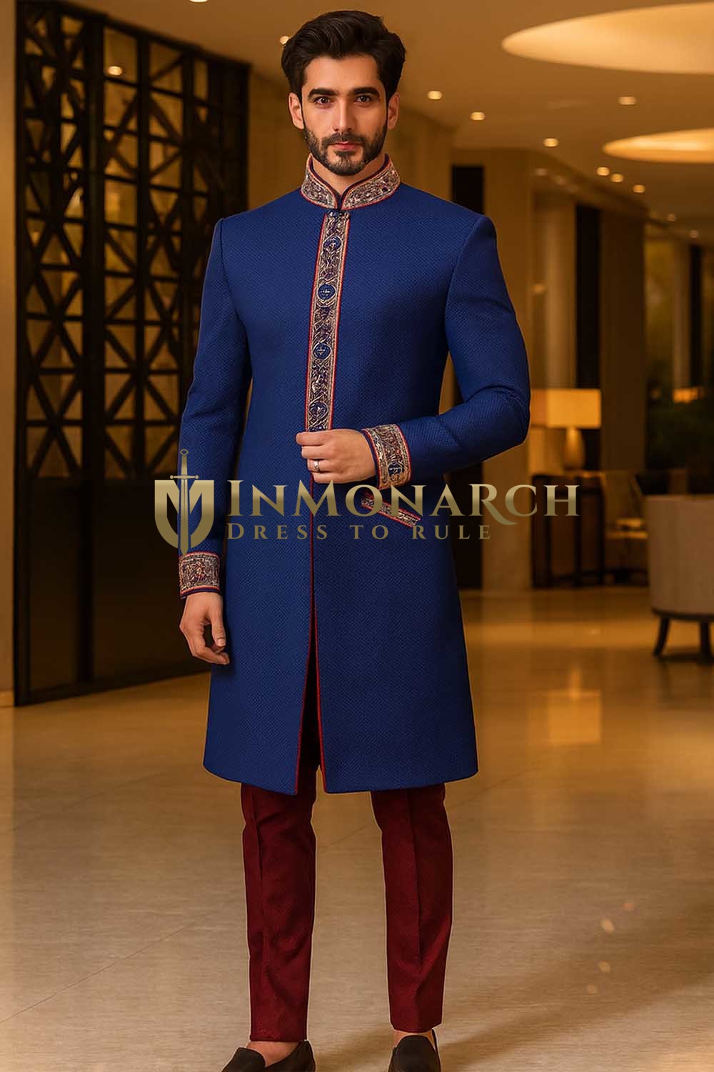 Mens Blue Indo Western Outfit Groom Wedding Designer 2 Pc Jacket Style