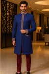 Mens Blue Indo Western Outfit Groom Wedding Designer 2 Pc Jacket Style