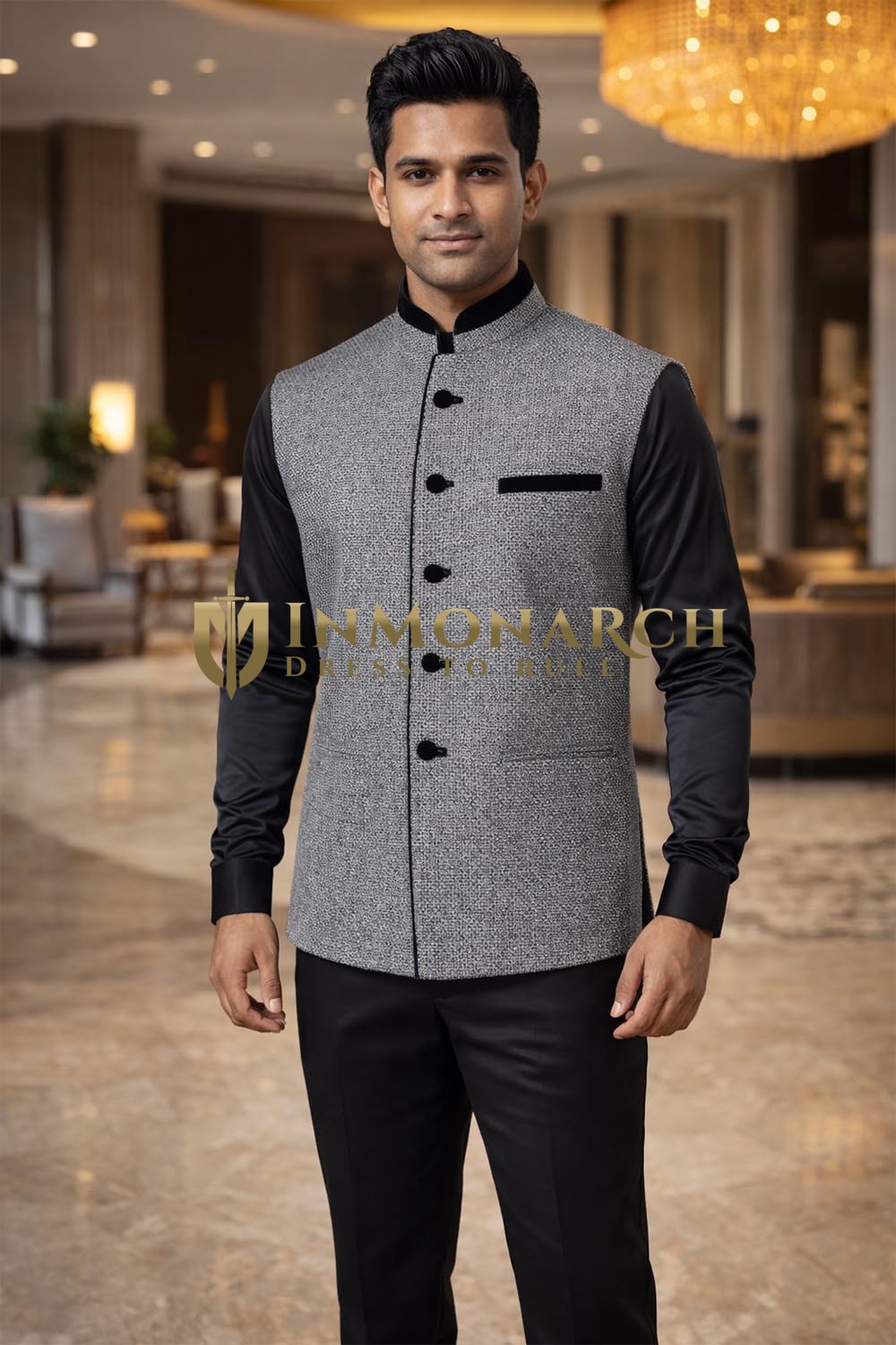 Mens Gray Jute Nehru Vest Wedding Designer Waistcoat Formal Wear Set