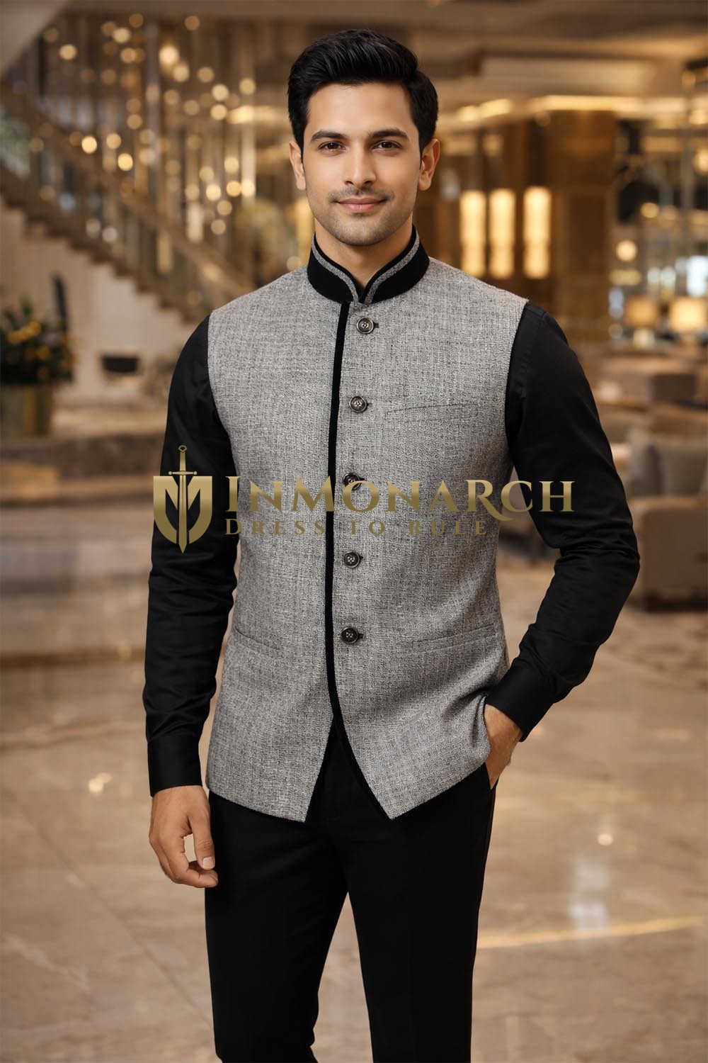 Mens Indian jacket Gray Nehru Vest Trimmed Velvet