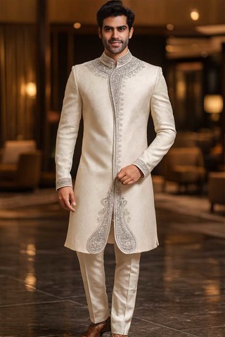 Traje de boda crema bordado hombre