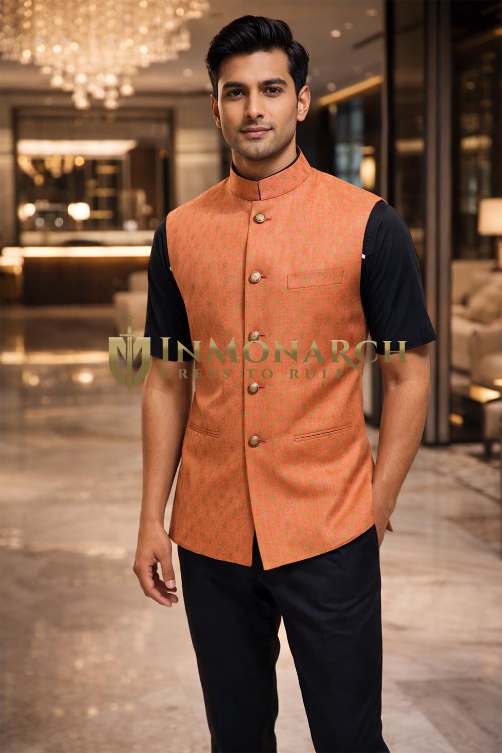 Mens Dark Orange Linen Nehru Vest Wedding Designer Waistcoat Formal Set