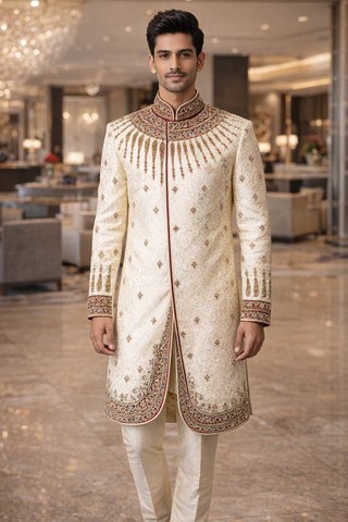 Sherwani court crème brodé homme