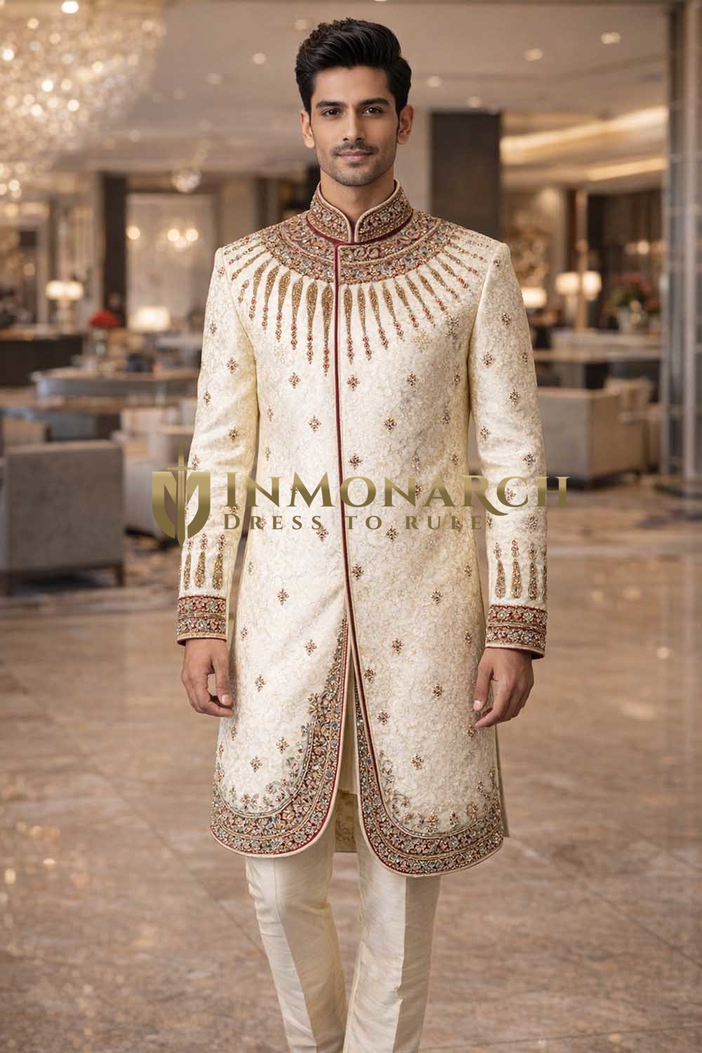 Sherwani court crème brodé homme