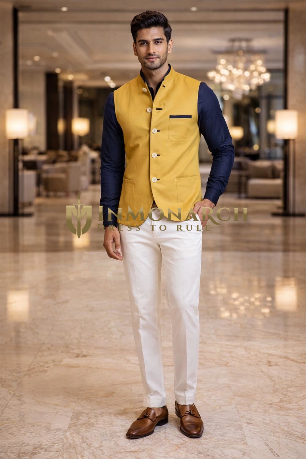 Chaleco Nehru lino amarillo hombre