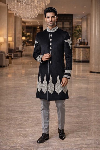 Indowestern negro tradicional bordado hombre