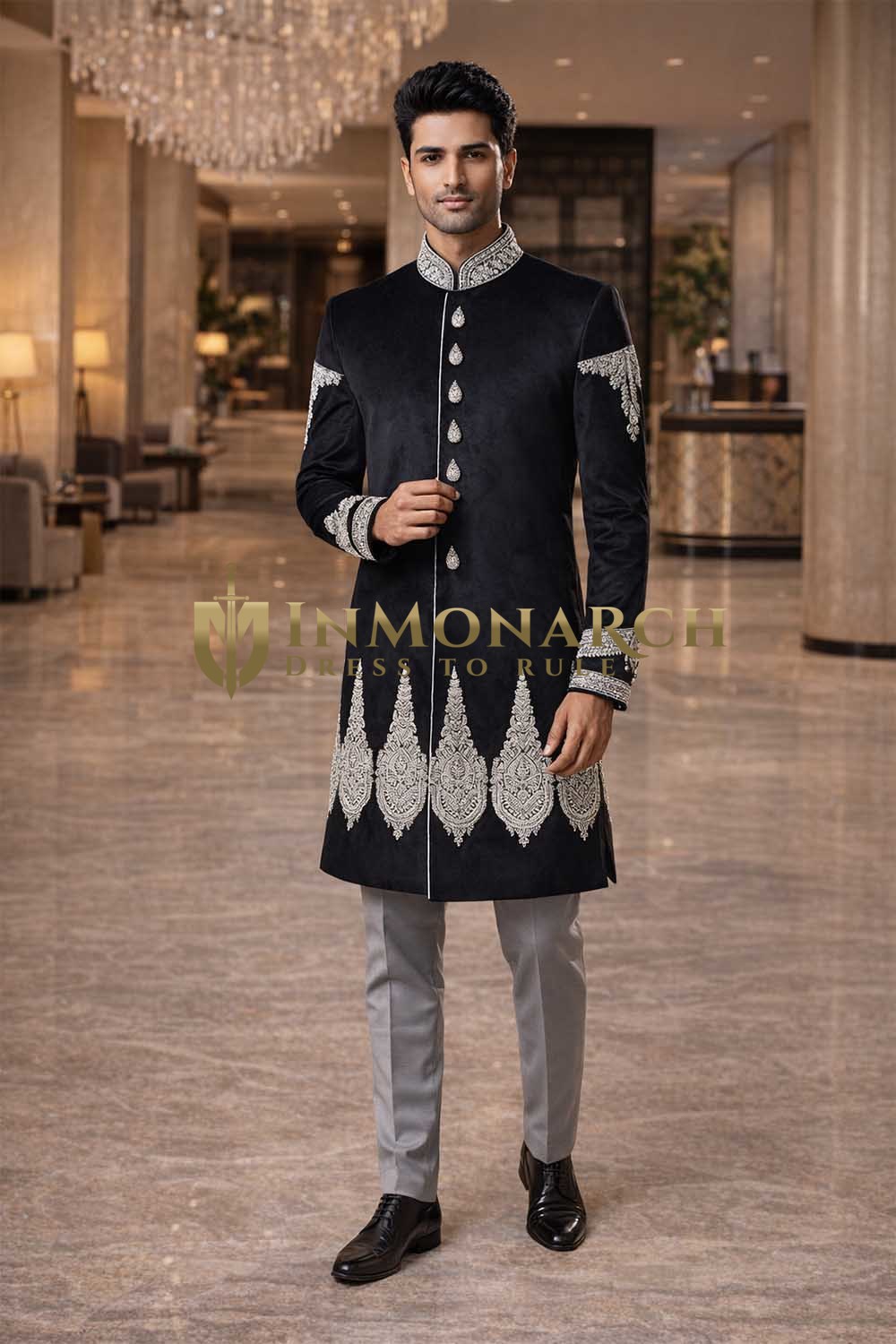 Mens Black Velvet Indo Western Outfit Groom Wedding Designer 2 Pc Formal