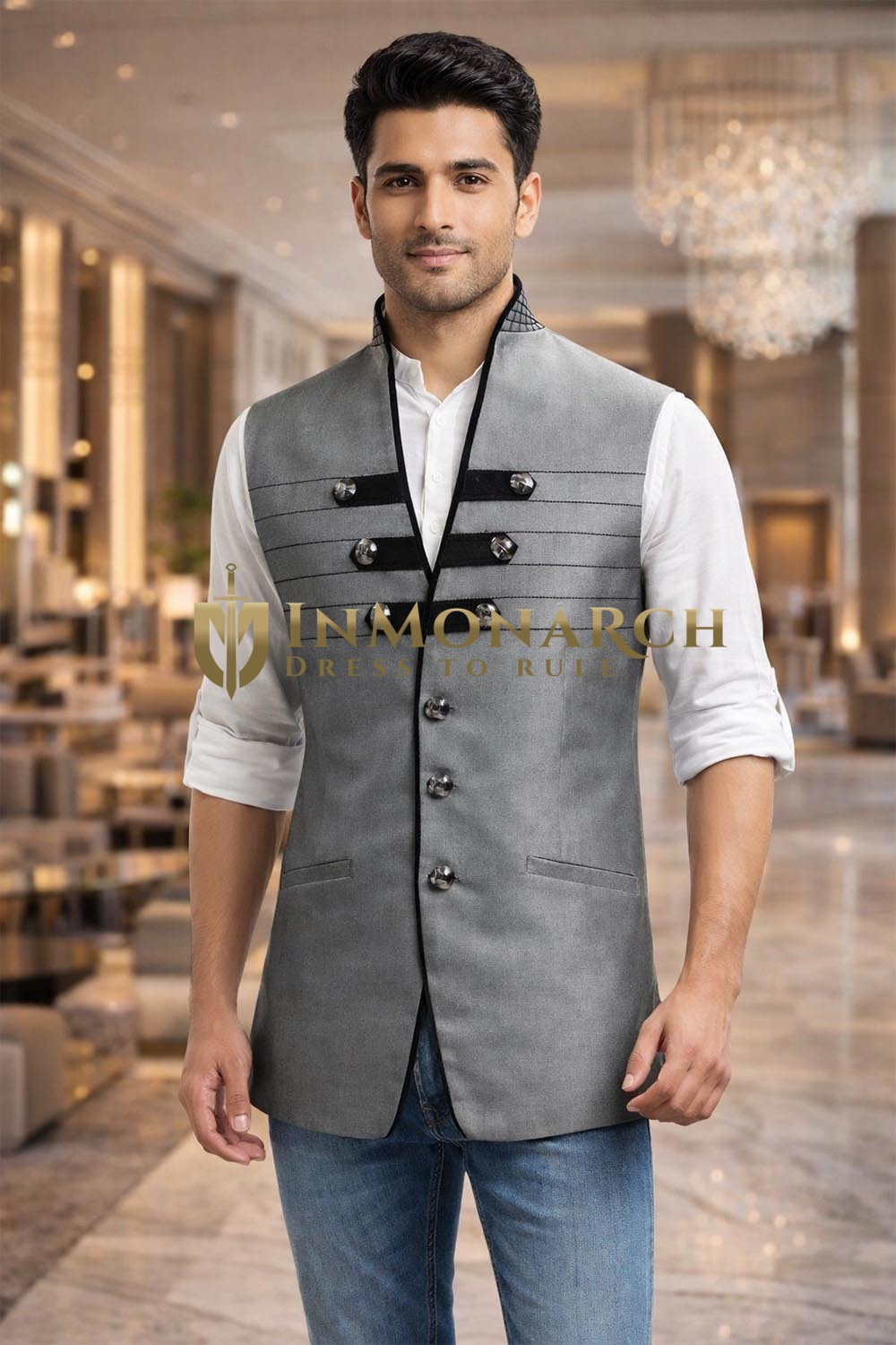Mens Gray Nehru Vest Designer Waistcoat Formal Wedding Wear Tailored Set