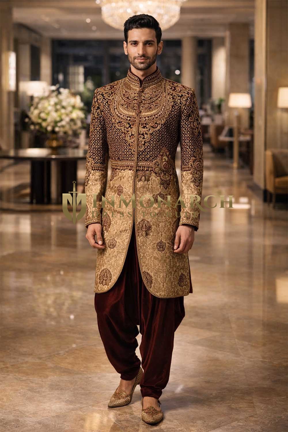 Mens Gold Indo Western Outfit Groom Wedding Designer 2 Pc Dhoti Style Set